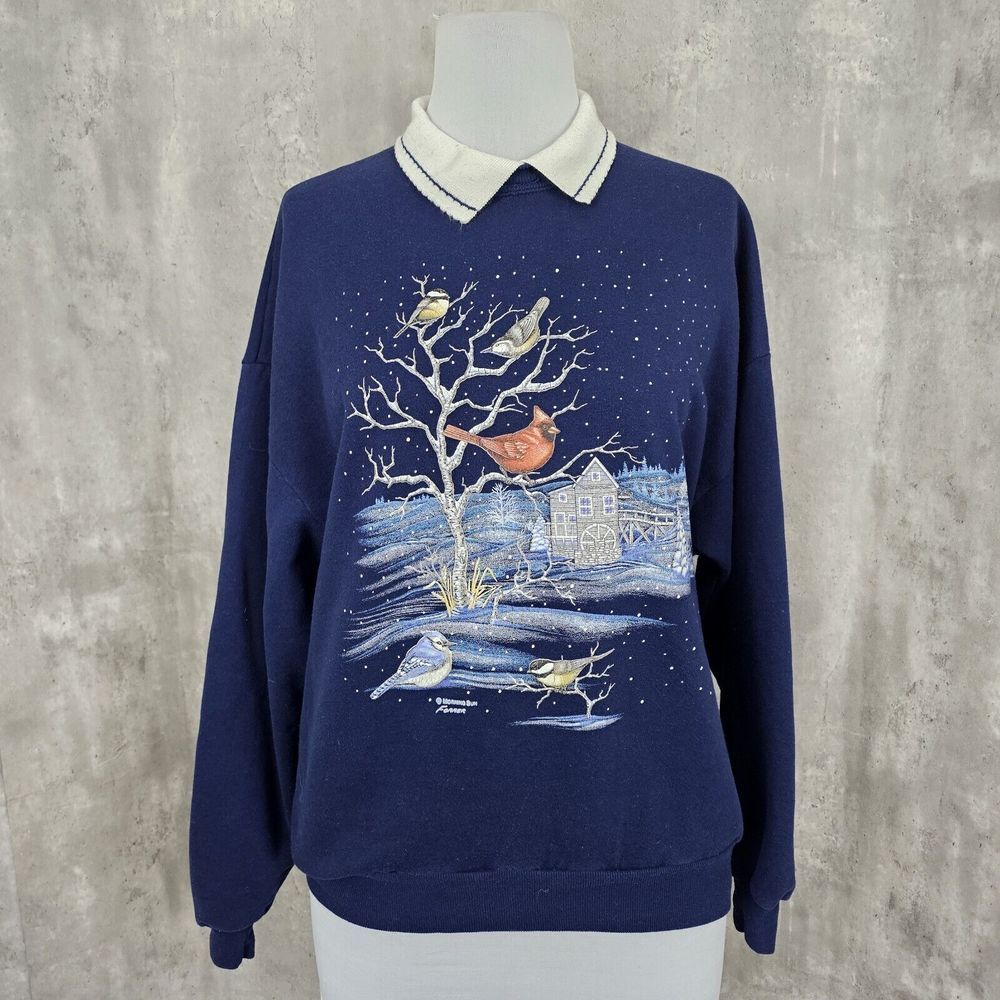 Vintage 90s Morning Sun XL Dbl Collar Sweatshirt Cardinal Birds Winter Cottage